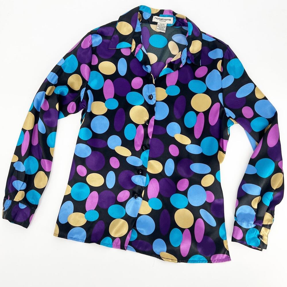 Vintage Notations Funky Colorful Abstract Satin Polka Dot Blouse Small